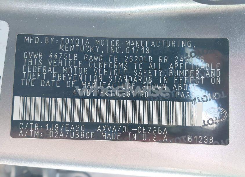 Photo 9 of 2018 Toyota Camry SE (VIN 4T1B11HK1JU581130)