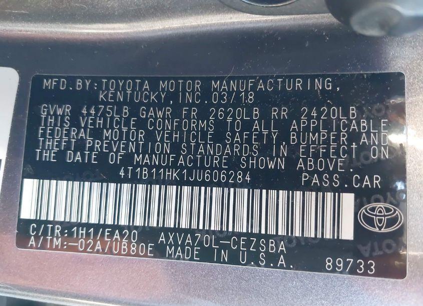 Photo 9 of 2018 Toyota Camry SE (VIN 4T1B11HK1JU606284)