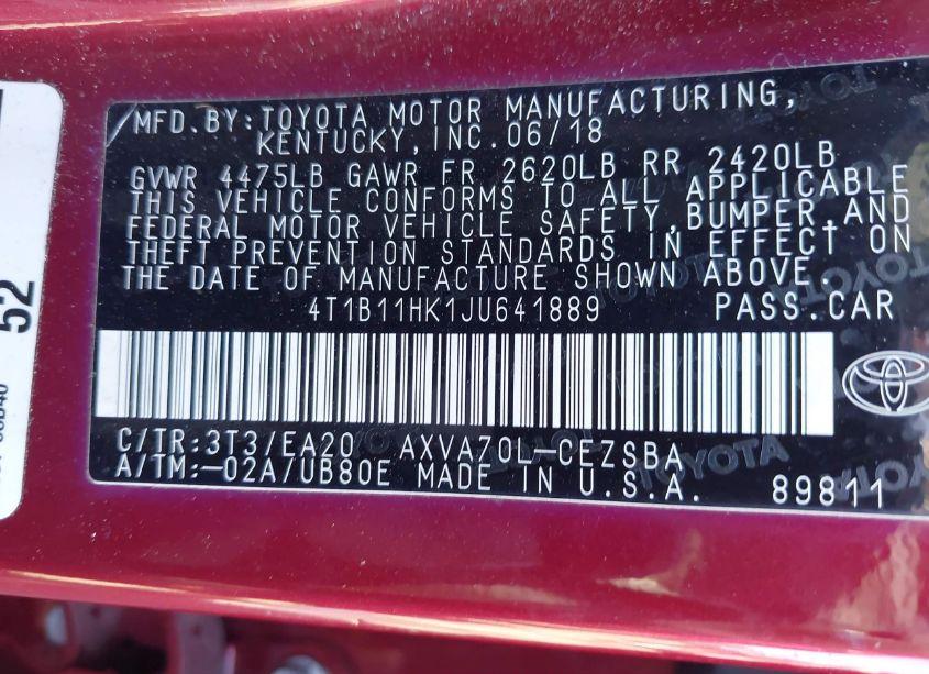 Photo 9 of 2018 Toyota Camry SE (VIN 4T1B11HK1JU641889)