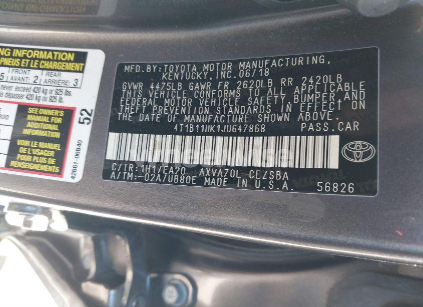 Photo 9 of 2018 Toyota Camry SE (VIN 4T1B11HK1JU647868)