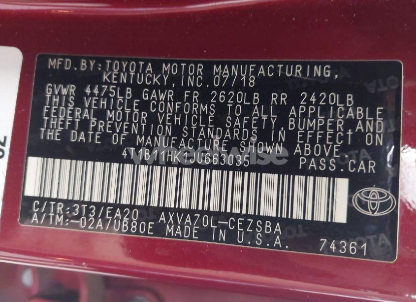 Photo 9 of 2018 Toyota Camry SE (VIN 4T1B11HK1JU663035)