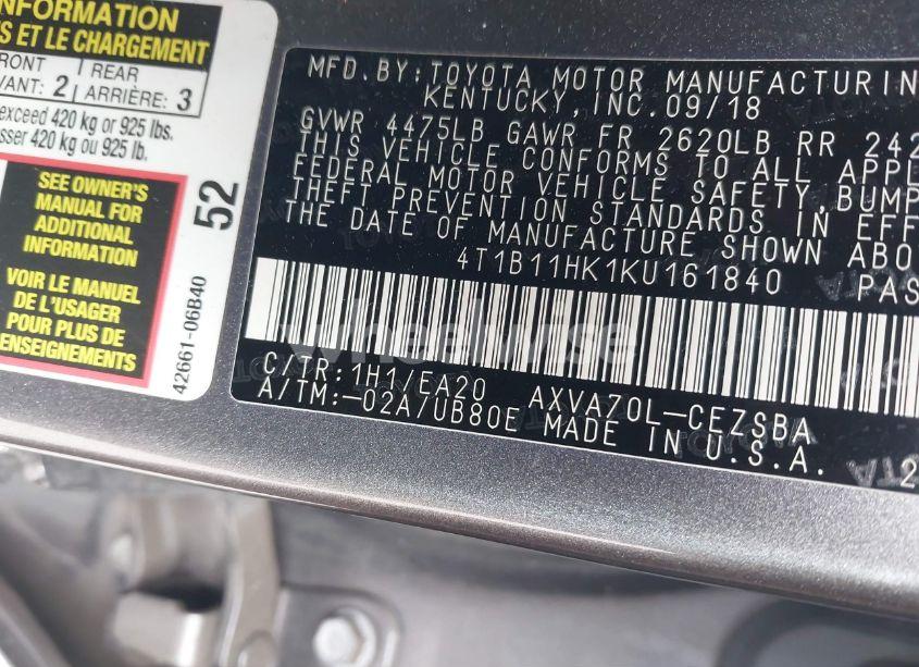 Photo 9 of 2019 Toyota Camry SE (VIN 4T1B11HK1KU161840)