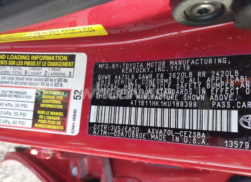 Photo 9 of 2019 Toyota Camry SE (VIN 4T1B11HK1KU188388)