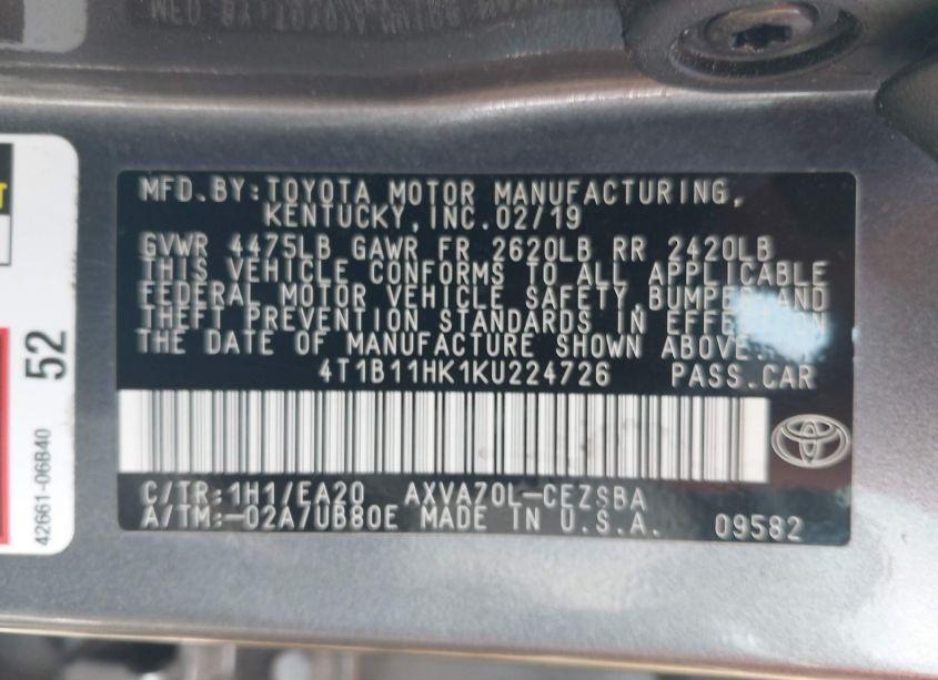 Photo 9 of 2019 Toyota Camry SE (VIN 4T1B11HK1KU224726)