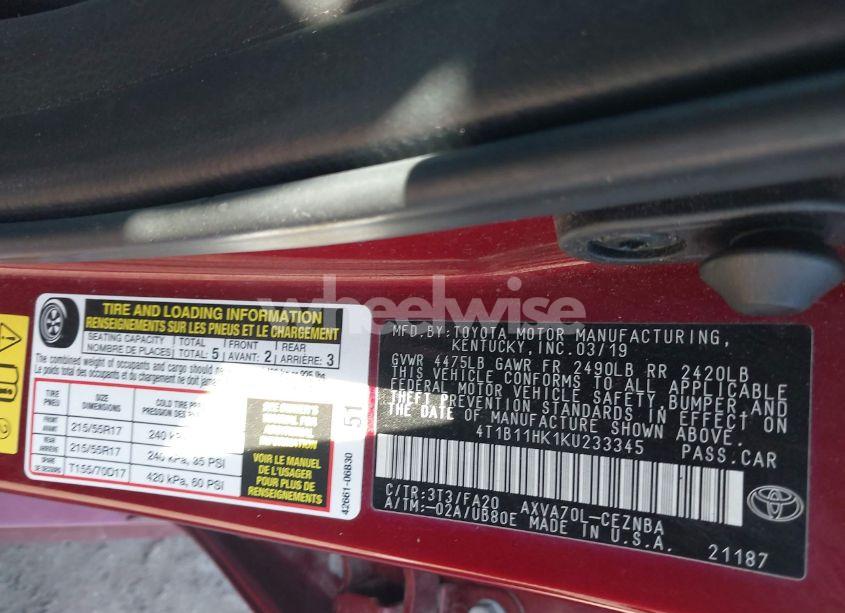 Photo 9 of 2019 Toyota Camry LE (VIN 4T1B11HK1KU233345)