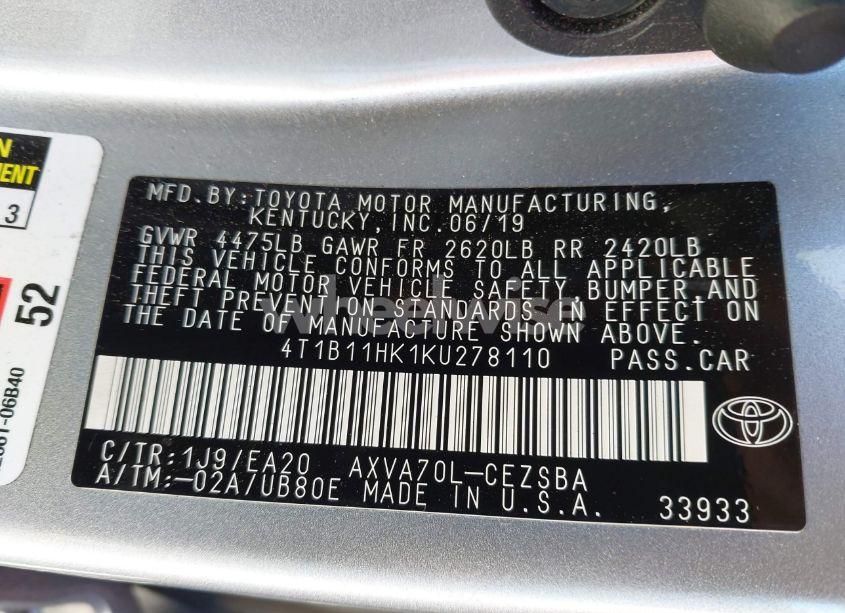 Photo 9 of 2019 Toyota Camry SE (VIN 4T1B11HK1KU278110)