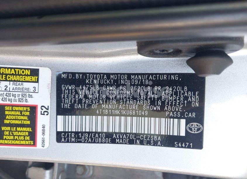 Photo 9 of 2019 Toyota Camry SE (VIN 4T1B11HK1KU681049)