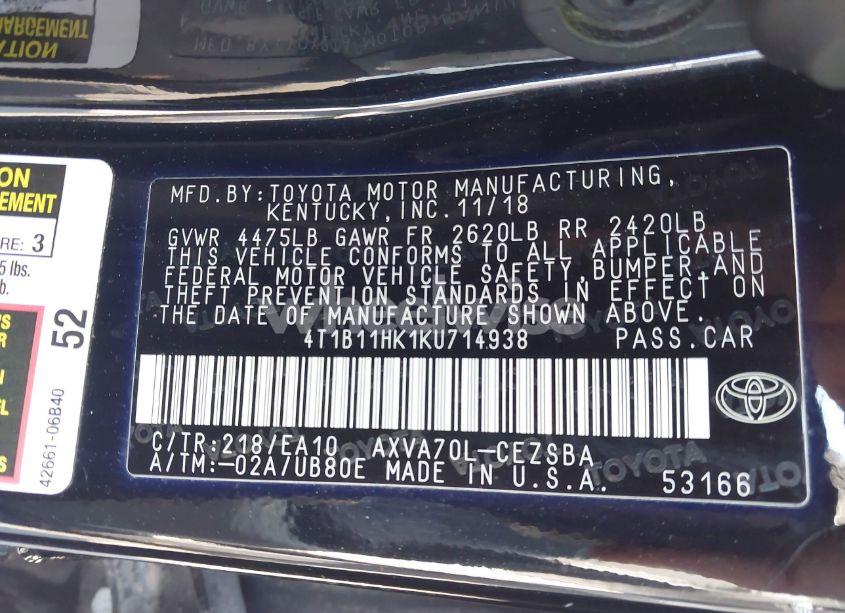 Photo 9 of 2019 Toyota Camry SE (VIN 4T1B11HK1KU714938)