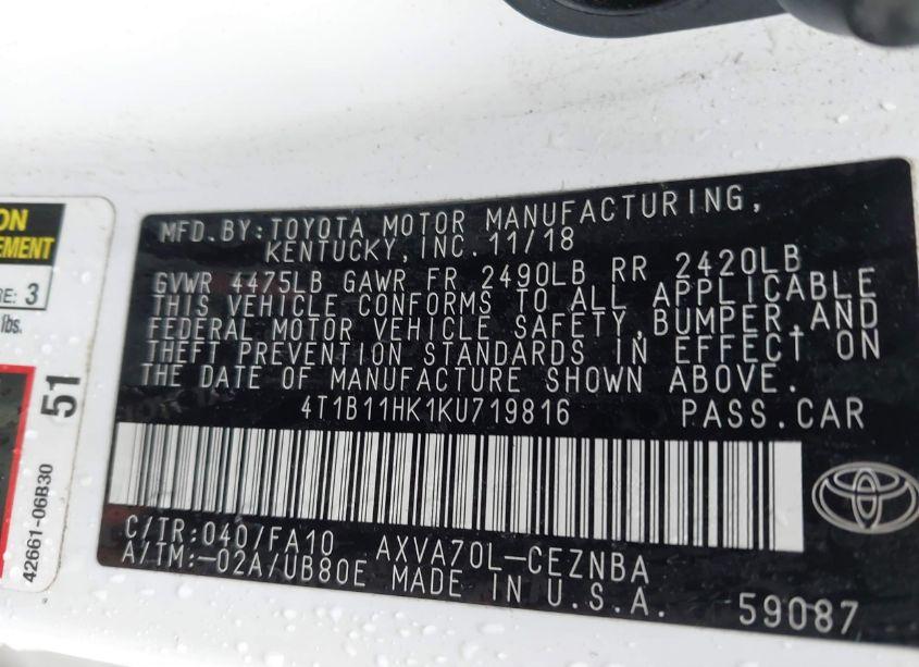 Photo 9 of 2019 Toyota Camry LE (VIN 4T1B11HK1KU719816)