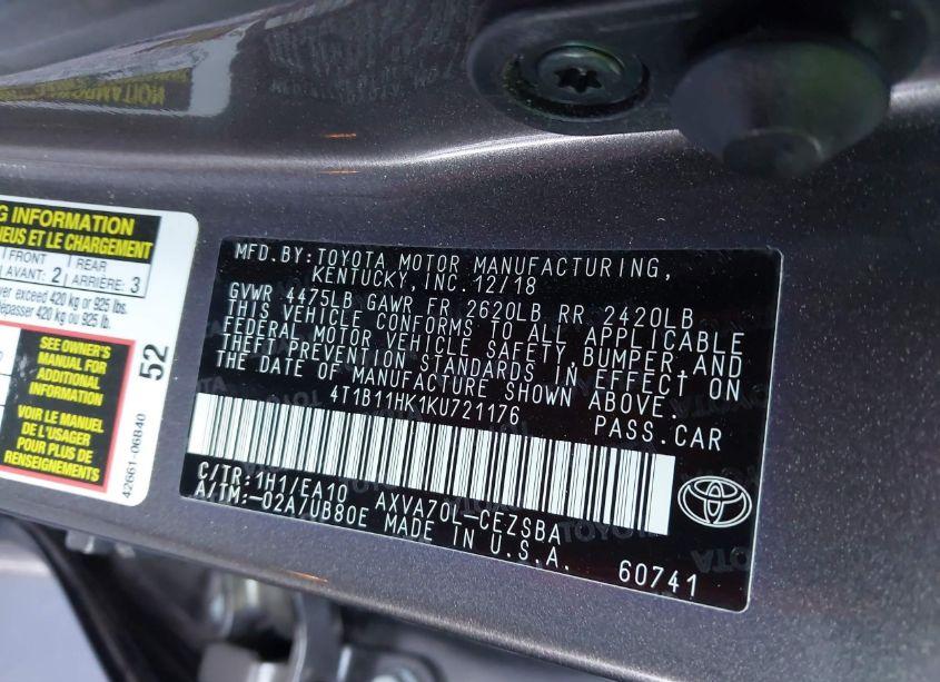 Photo 9 of 2019 Toyota Camry SE (VIN 4T1B11HK1KU721176)