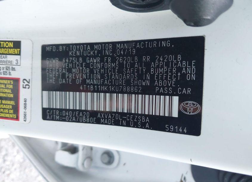 Photo 9 of 2019 Toyota Camry SE (VIN 4T1B11HK1KU788862)