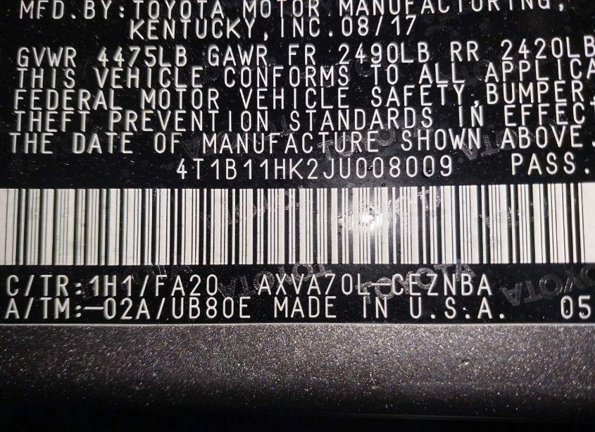 Photo 9 of 2018 Toyota Camry LE (VIN 4T1B11HK2JU008009)