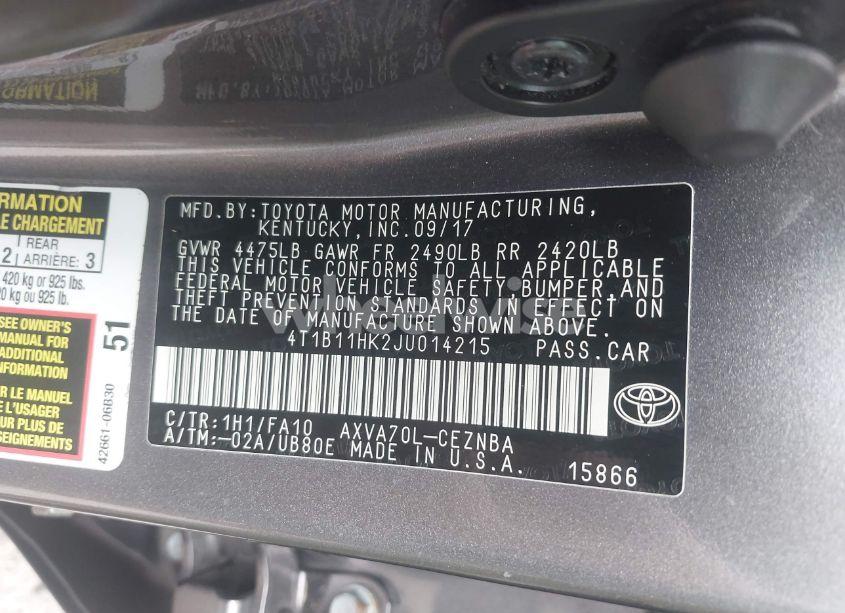 Photo 9 of 2018 Toyota Camry LE (VIN 4T1B11HK2JU014215)