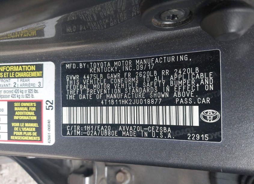 Photo 9 of 2018 Toyota Camry SE (VIN 4T1B11HK2JU018877)