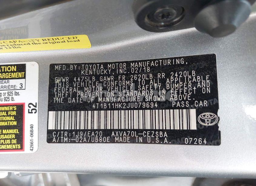 Photo 9 of 2018 Toyota Camry SE (VIN 4T1B11HK2JU079694)