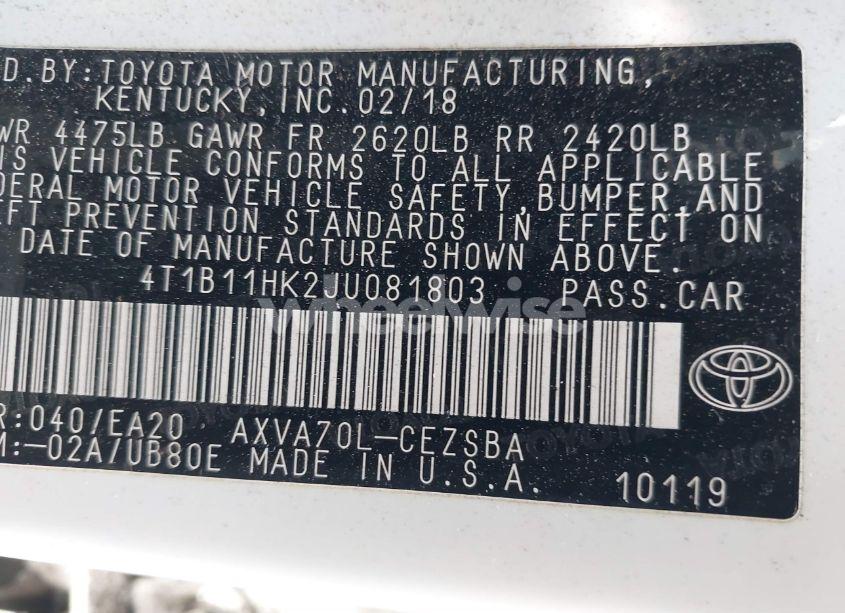 Photo 9 of 2018 Toyota Camry SE (VIN 4T1B11HK2JU081803)