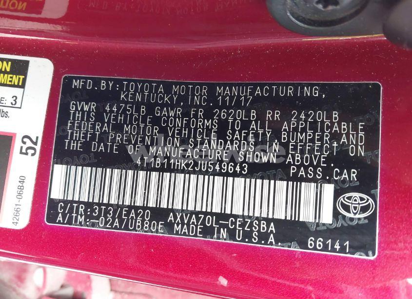 Photo 9 of 2018 Toyota Camry SE (VIN 4T1B11HK2JU549643)