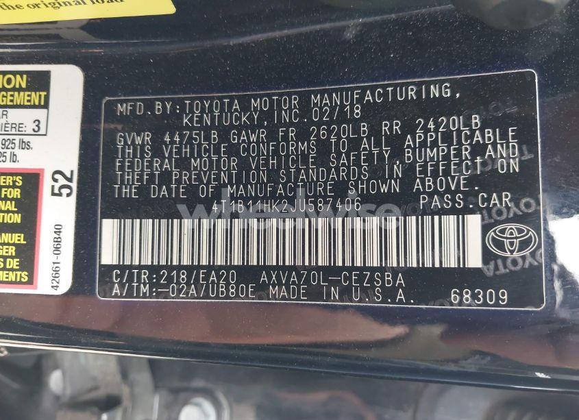 Photo 9 of 2018 Toyota Camry SE (VIN 4T1B11HK2JU587406)