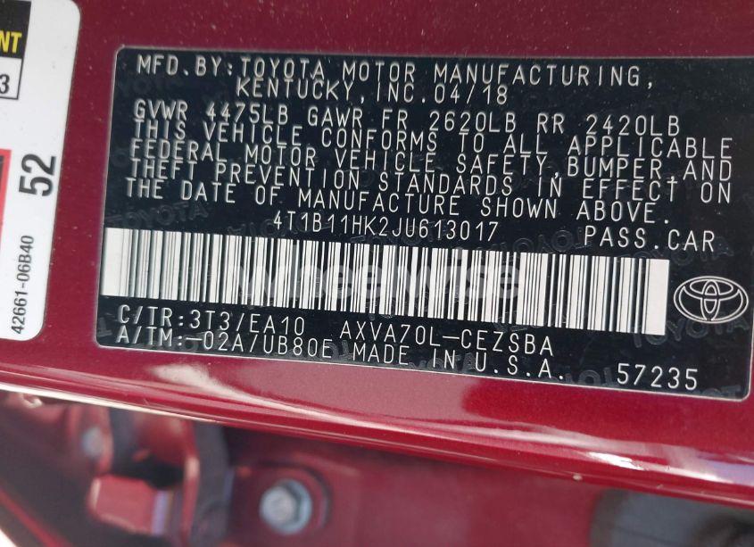 Photo 9 of 2018 Toyota Camry SE (VIN 4T1B11HK2JU613017)