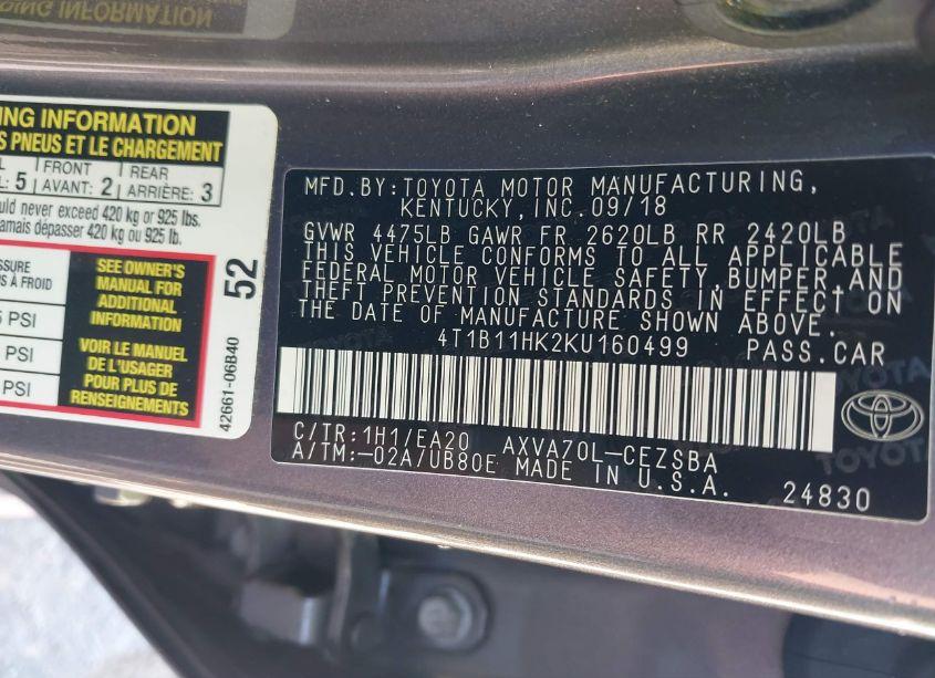 Photo 9 of 2019 Toyota Camry SE (VIN 4T1B11HK2KU160499)