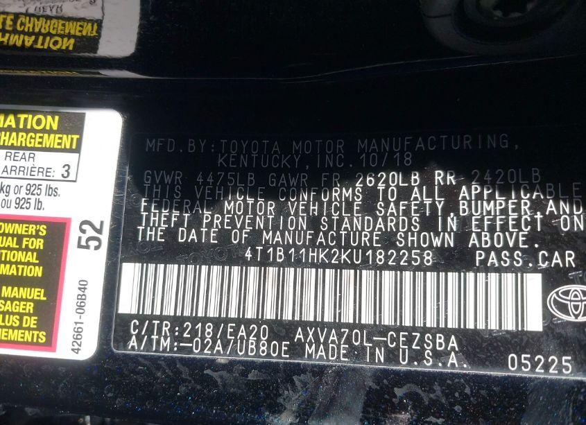 Photo 9 of 2019 Toyota Camry SE (VIN 4T1B11HK2KU182258)