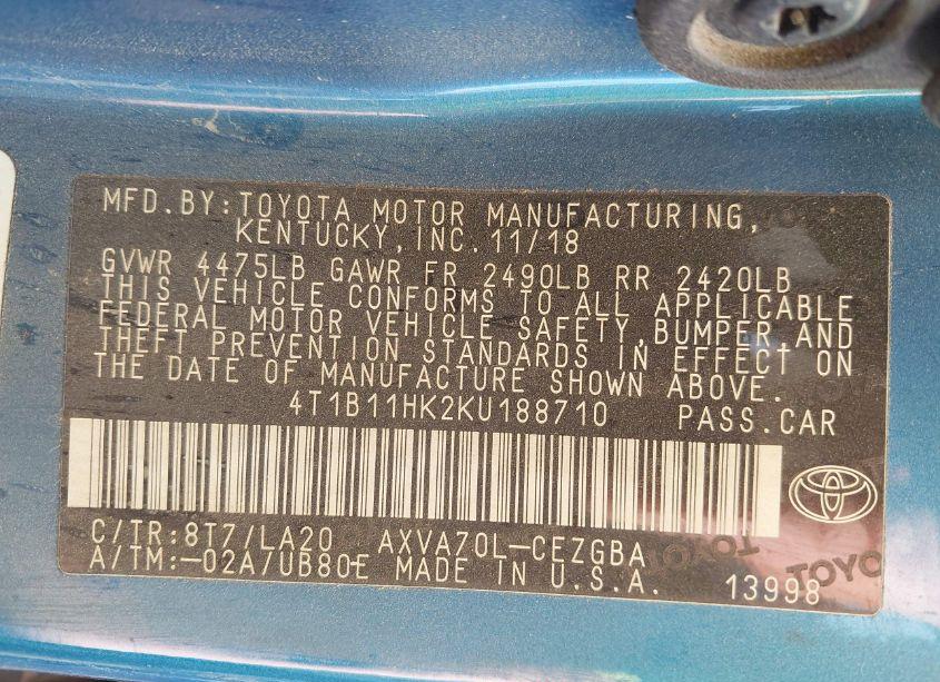 Photo 9 of 2019 Toyota Camry XLE (VIN 4T1B11HK2KU188710)