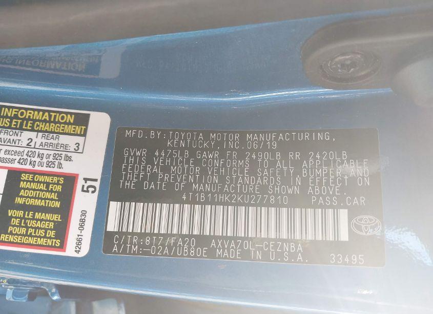 Photo 9 of 2019 Toyota Camry LE (VIN 4T1B11HK2KU277810)