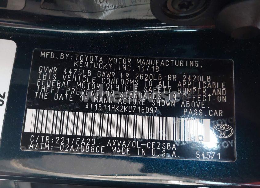 Photo 9 of 2019 Toyota Camry SE (VIN 4T1B11HK2KU716097)