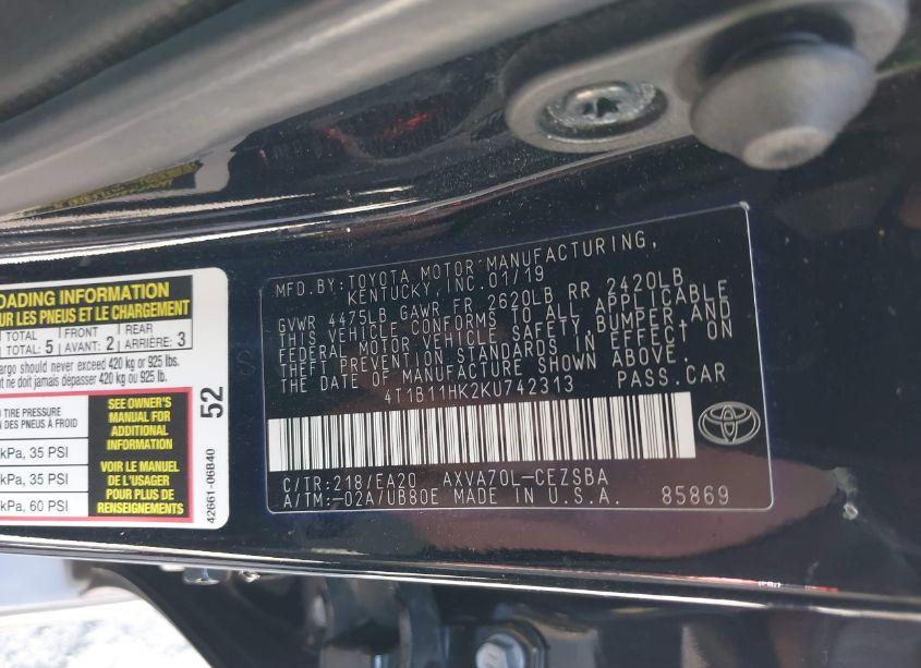 Photo 9 of 2019 Toyota Camry SE (VIN 4T1B11HK2KU742313)