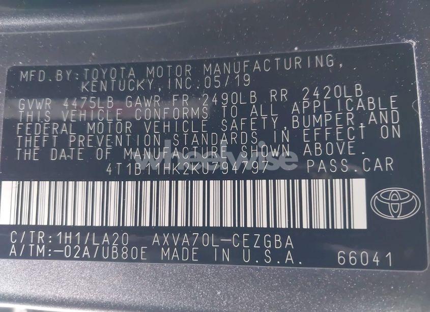 Photo 9 of 2019 Toyota Camry XLE (VIN 4T1B11HK2KU794797)