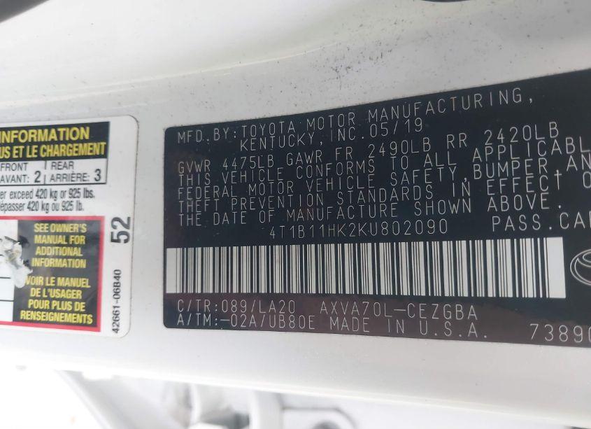 Photo 9 of 2019 Toyota Camry XLE (VIN 4T1B11HK2KU802090)