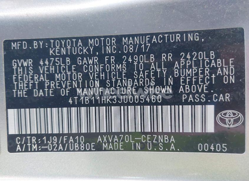 Photo 9 of 2018 Toyota Camry LE (VIN 4T1B11HK3JU005460)