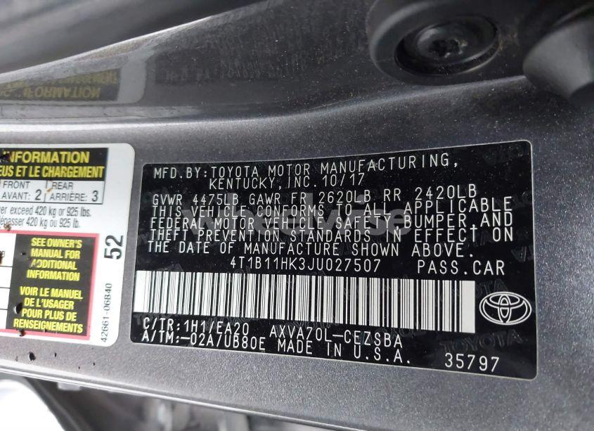 Photo 9 of 2018 Toyota Camry SE (VIN 4T1B11HK3JU027507)