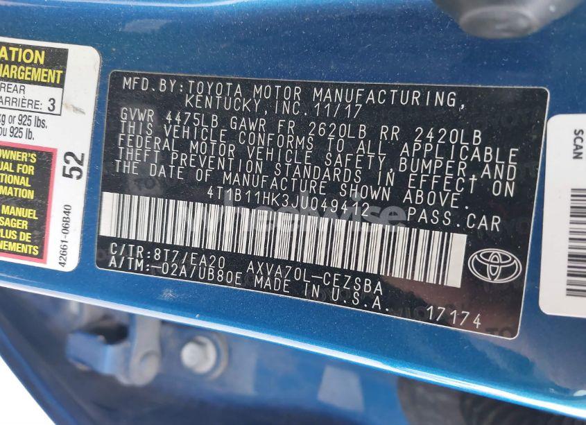 Photo 9 of 2018 Toyota Camry SE (VIN 4T1B11HK3JU049412)