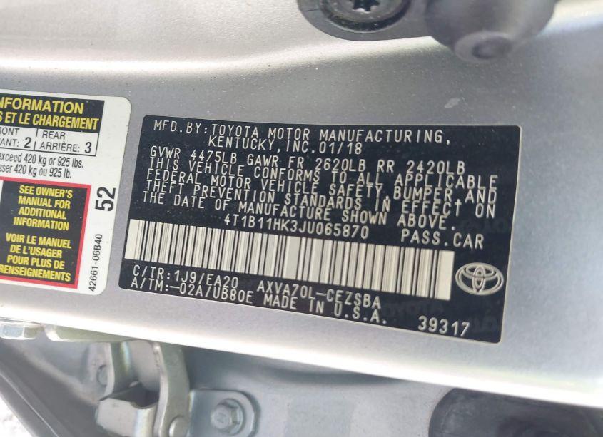 Photo 9 of 2018 Toyota Camry SE (VIN 4T1B11HK3JU065870)