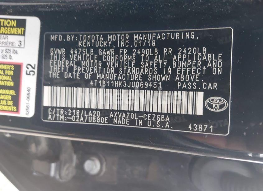 Photo 9 of 2018 Toyota Camry XLE (VIN 4T1B11HK3JU069451)