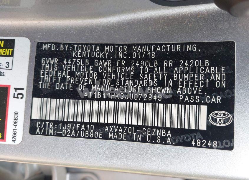 Photo 9 of 2018 Toyota Camry LE (VIN 4T1B11HK3JU072849)