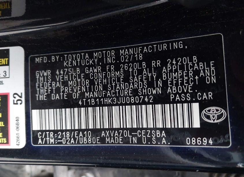 Photo 9 of 2018 Toyota Camry SE (VIN 4T1B11HK3JU080742)