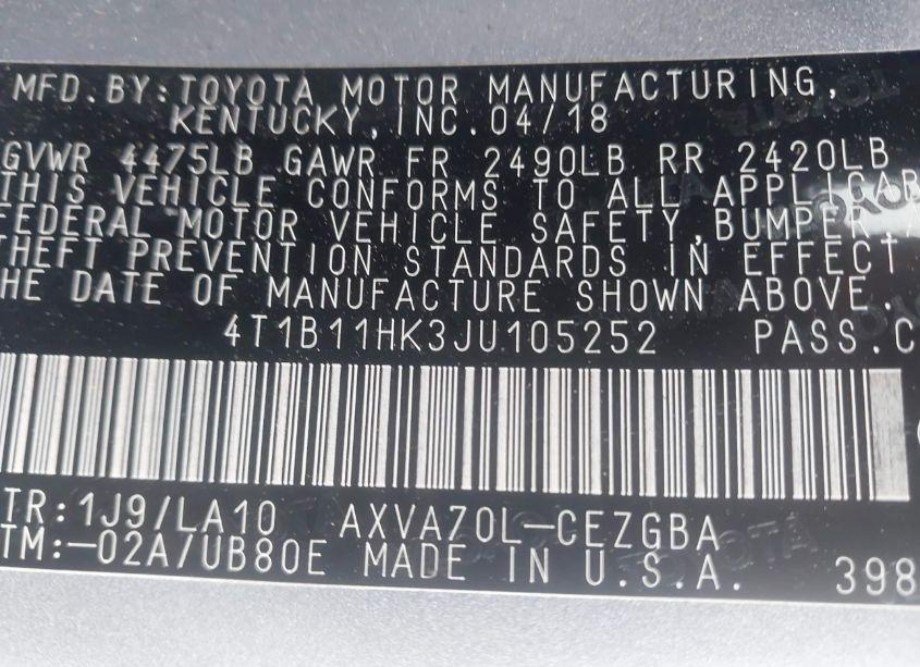 Photo 9 of 2018 Toyota Camry XLE (VIN 4T1B11HK3JU105252)