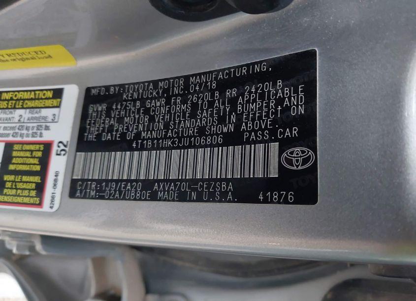 Photo 9 of 2018 Toyota Camry SE (VIN 4T1B11HK3JU106806)