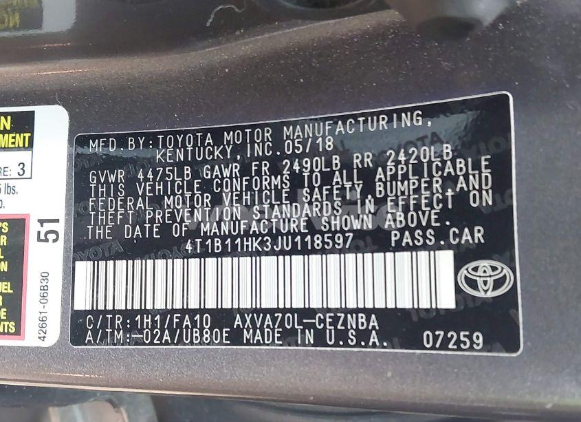 Photo 9 of 2018 Toyota Camry LE (VIN 4T1B11HK3JU118597)