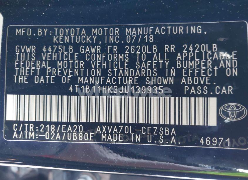 Photo 9 of 2018 Toyota Camry SE (VIN 4T1B11HK3JU139935)