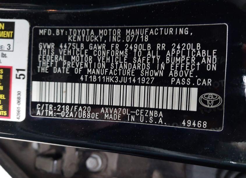 Photo 9 of 2018 Toyota Camry LE (VIN 4T1B11HK3JU141927)