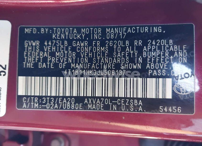 Photo 9 of 2018 Toyota Camry SE (VIN 4T1B11HK3JU506137)