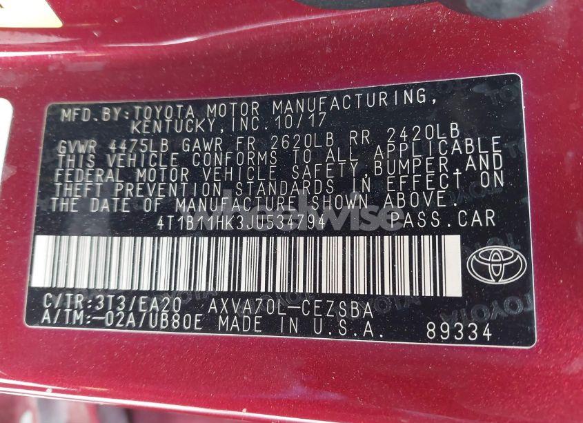 Photo 9 of 2018 Toyota Camry SE (VIN 4T1B11HK3JU534794)