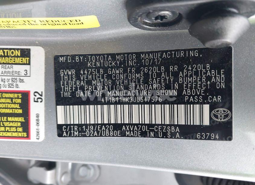 Photo 9 of 2018 Toyota Camry SE (VIN 4T1B11HK3JU547576)