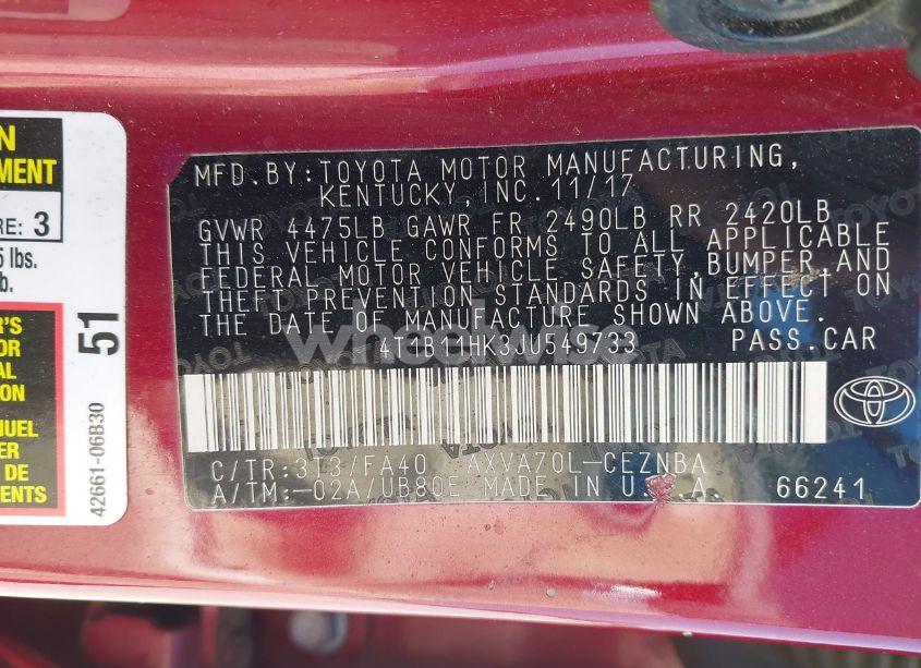 Photo 9 of 2018 Toyota Camry LE (VIN 4T1B11HK3JU549733)