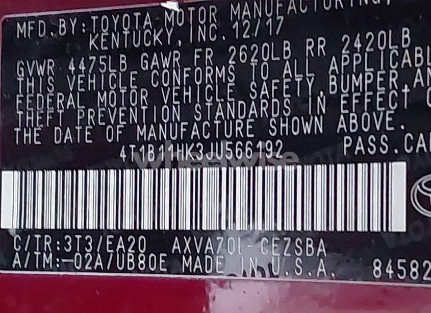 Photo 9 of 2018 Toyota Camry SE (VIN 4T1B11HK3JU566192)