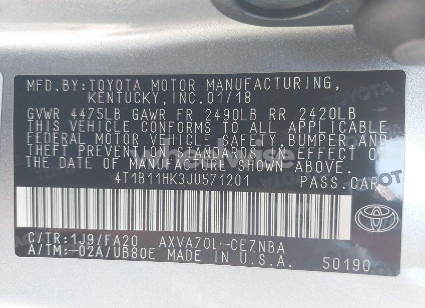 Photo 9 of 2018 Toyota Camry LE (VIN 4T1B11HK3JU571201)