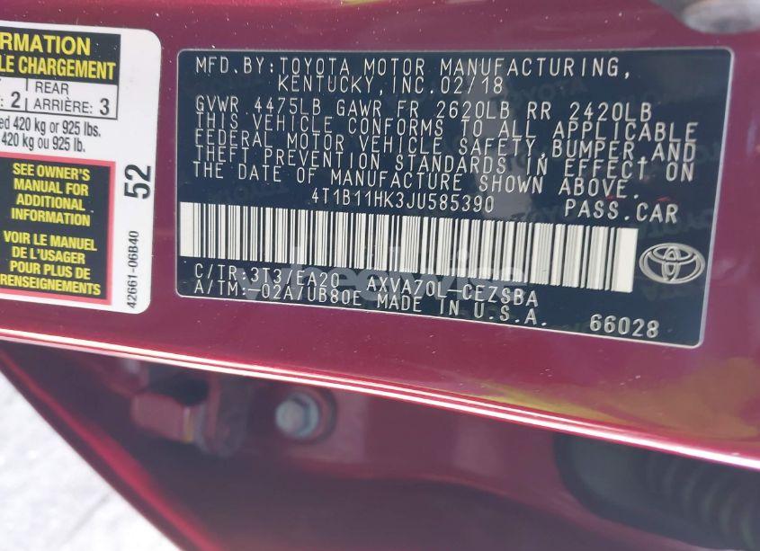 Photo 9 of 2018 Toyota Camry SE (VIN 4T1B11HK3JU585390)